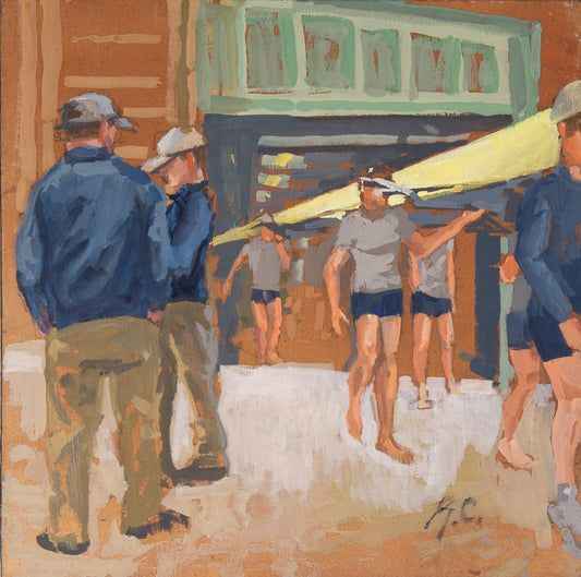 Coaches Meeting | 8"x8" Original Oil and Acrylic on Board